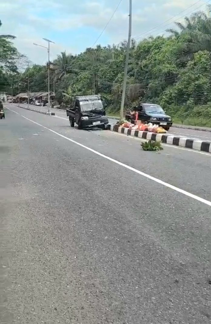 Pagi-pagi, Pick Up Muatan Sayur Hantam Pembatas Jalan